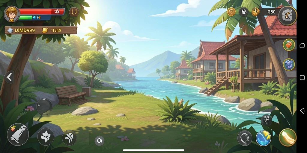 Screenshot menunjukkan gameplay santai dan grafik yang cerah.