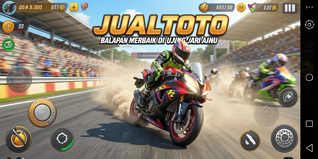 Gameplay mendebarkan di JUALTOTO dengan balapan motor yang seru.